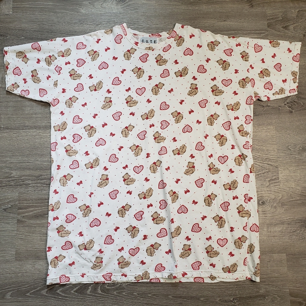 90s CUTE ORIGNIALS Vintage Teddy Bear Heart Bow T Shirt Nightgown